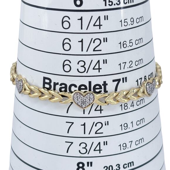 Estate Gold-Tone Sterling Silver 925 Diamond Heart Link Bracelet 7.5" - Picture 7 of 9